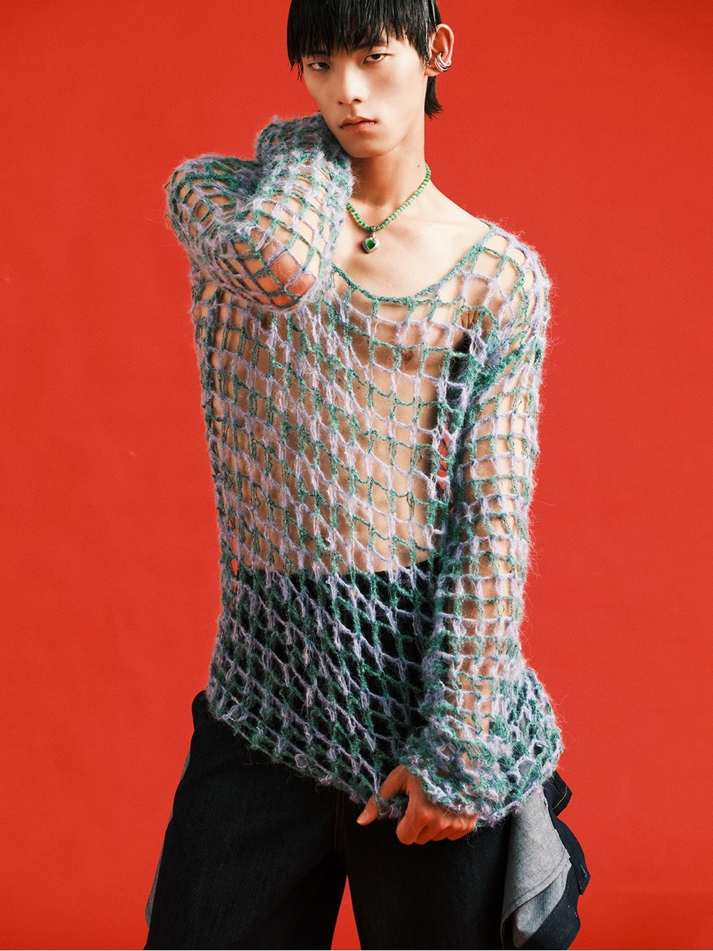 Open-Knit Sheer Sweater in Mint and Lilac